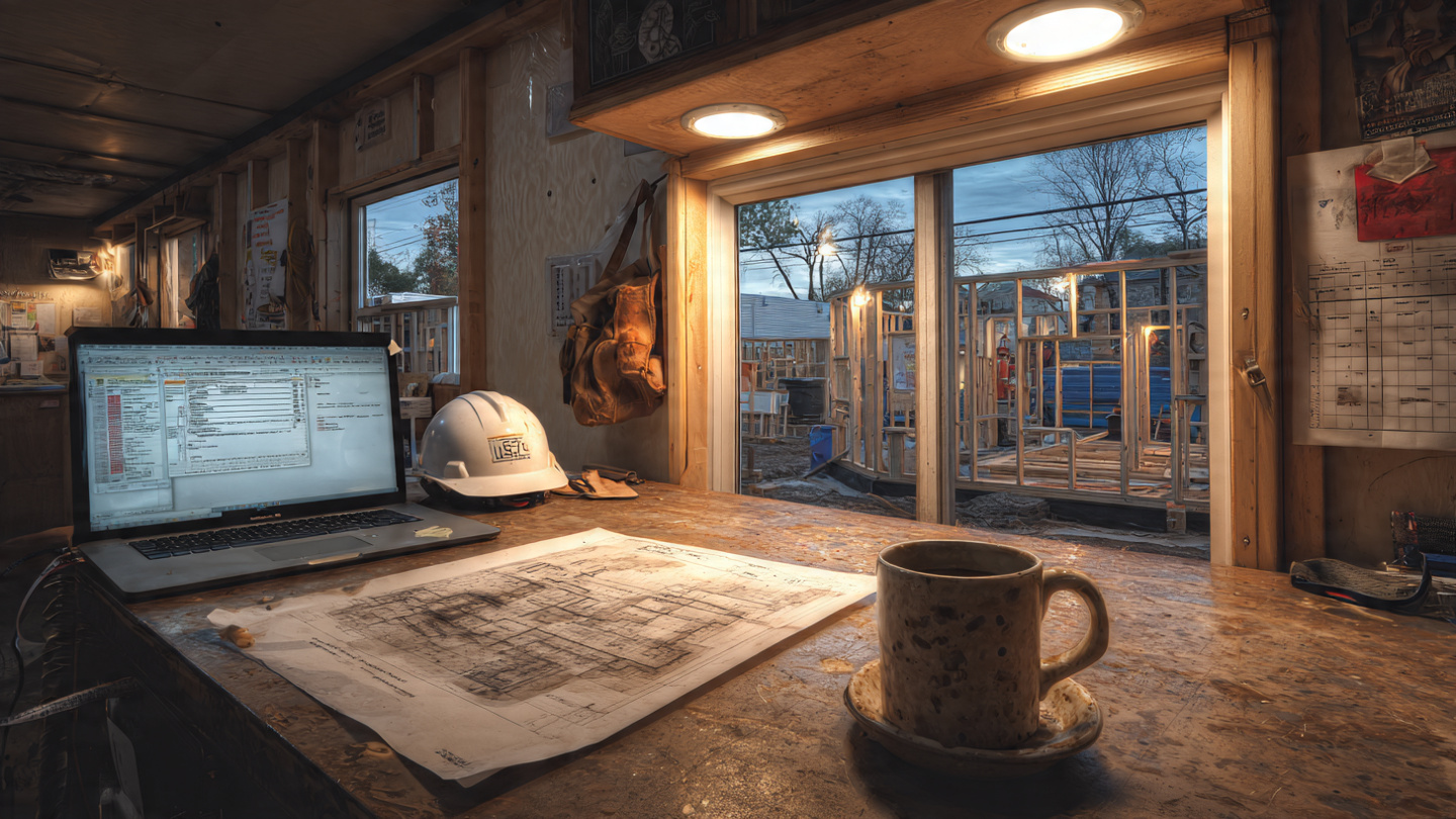 A construction office trailer desk at dusk with a laptop open to project management software, blueprints spread across the surface, a hard hat hanging on the wall, and a residential framing project visible through the window