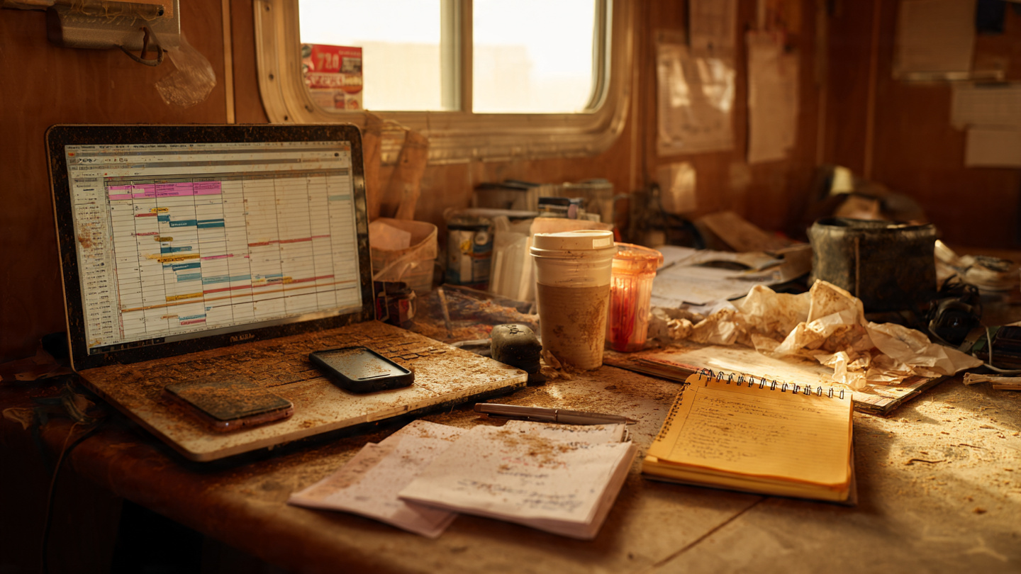Construction office desk with paper schedules and unread texts