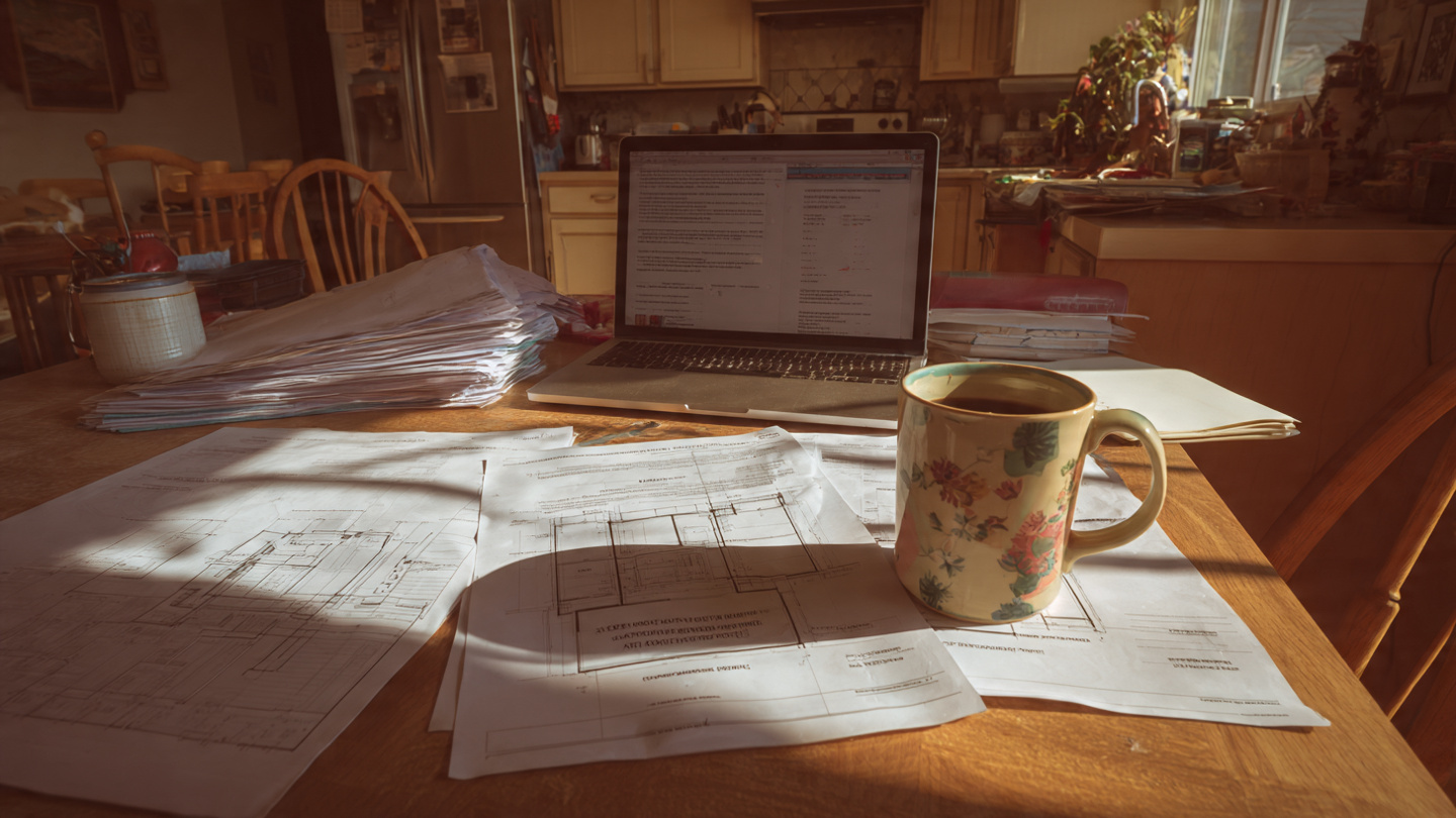A cluttered kitchen table in a modest California ranch house covered with printouts of ADU floor plans, a laptop open to a city permitting portal, and a rejection letter on city letterhead partially visible beneath a coffee mug
