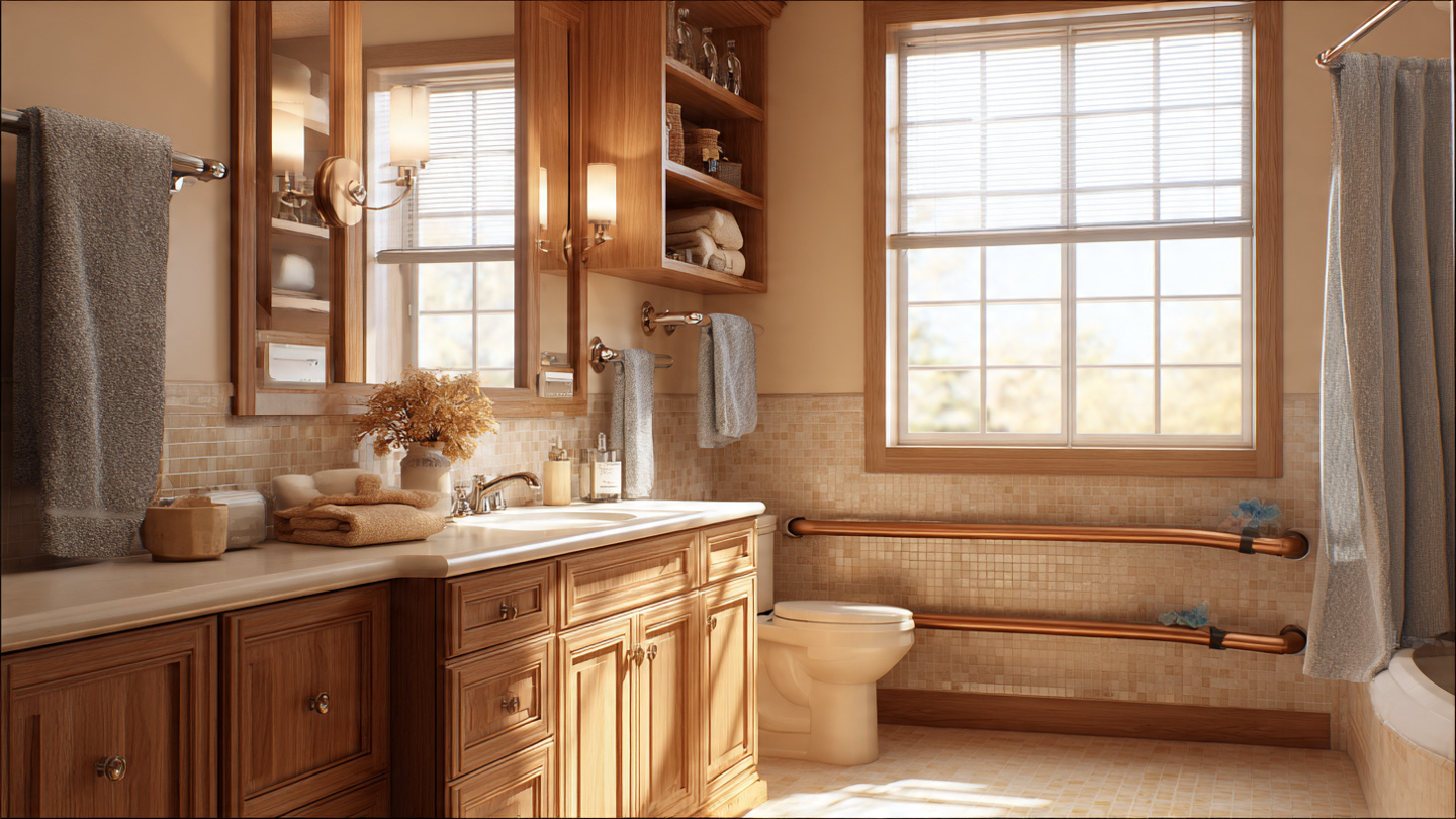 A warm residential bathroom with integrated wooden grab bars that blend with the cabinetry, morning light streaming through a frosted window