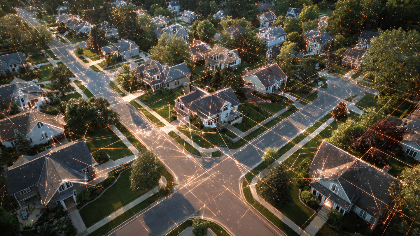 Suburban neighborhood with algorithmic data overlays showing property values floating above houses at golden hour