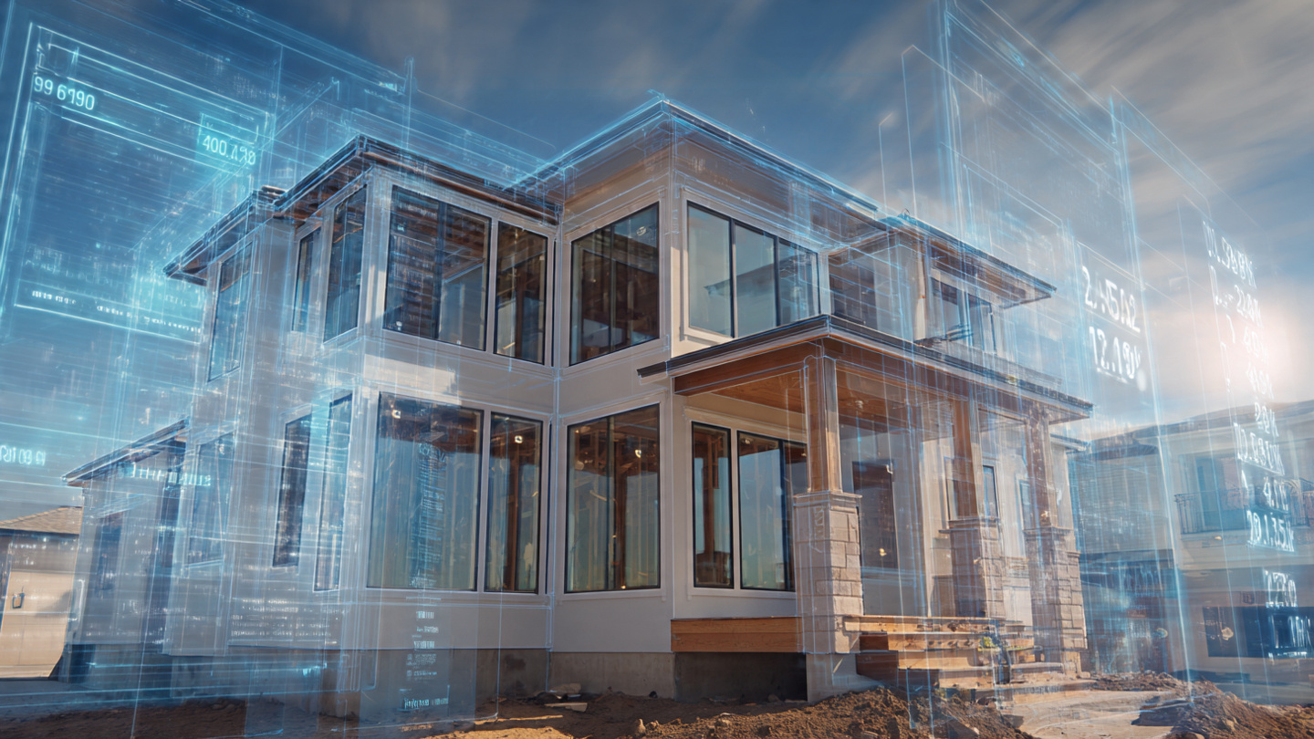 Modern suburban home under construction with digital valuation data panels overlaid