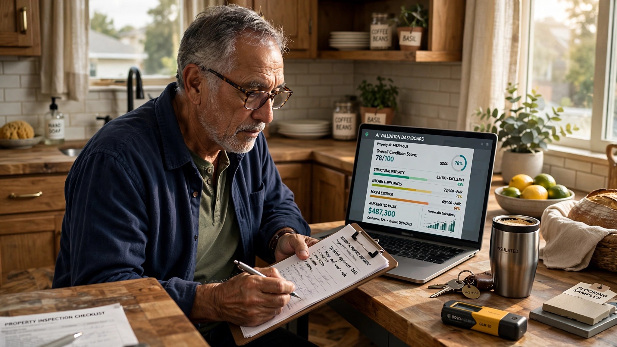 An aging appraiser walks through a suburban home with a clipboard while a laptop screen behind him shows an AI-generated property condition score