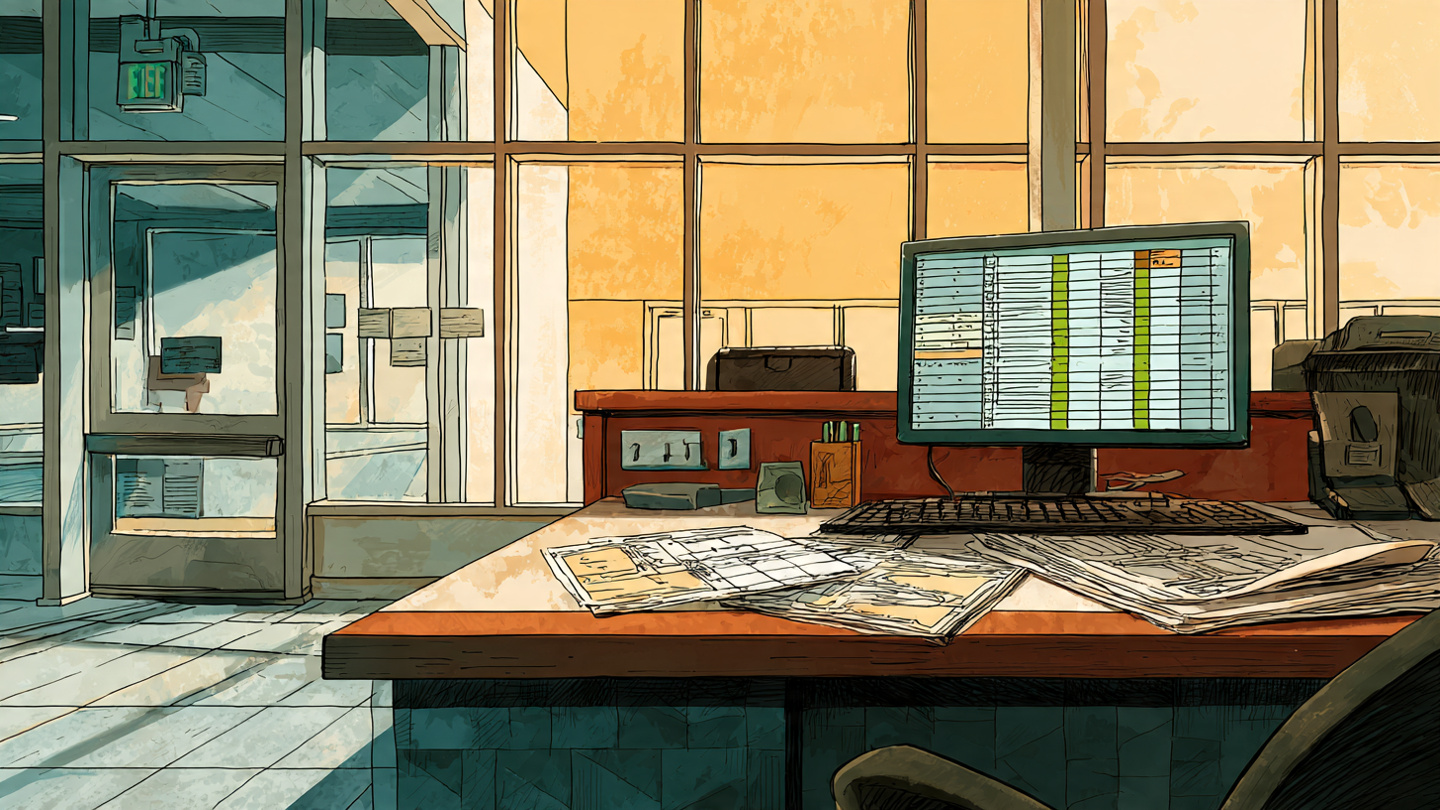 A building department counter with a computer screen showing green checkmarks next to code sections, a stack of architectural plans on the counter, and an empty chair where the plan reviewer used to sit
