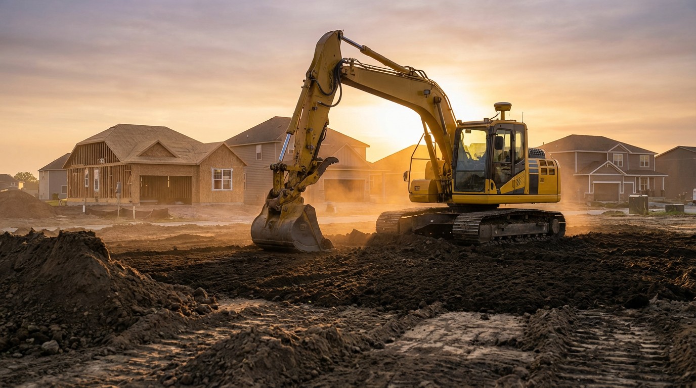 Autonomous excavator grading a residential lot with GPS guidance and laser precision
