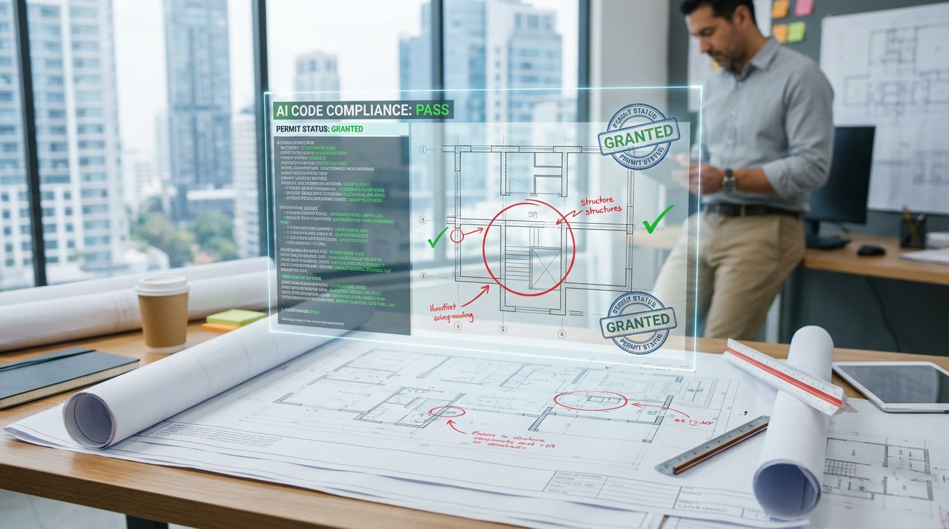 Stack of building permit applications on a municipal desk with digital code compliance overlay