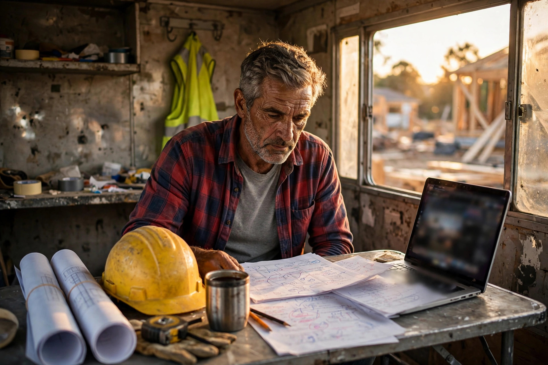 A weathered general contractor reviewing marked-up change order paperwork and a laptop at a folding table inside a residential job site trailer, warm late-afternoon light through the window