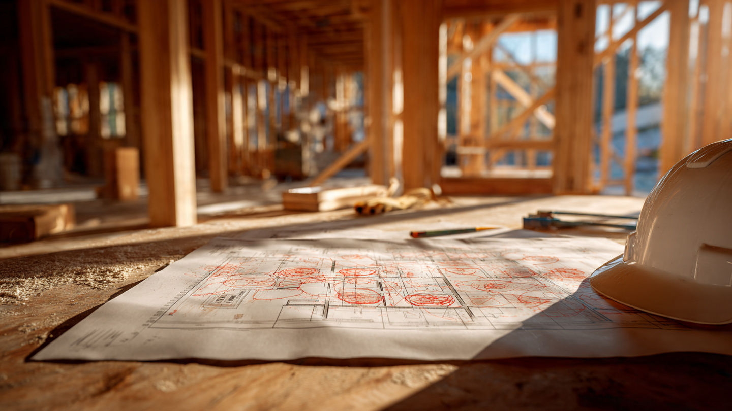 A residential construction blueprint spread across a job site table with red markup annotations highlighting HVAC duct conflicts and plumbing clashes
