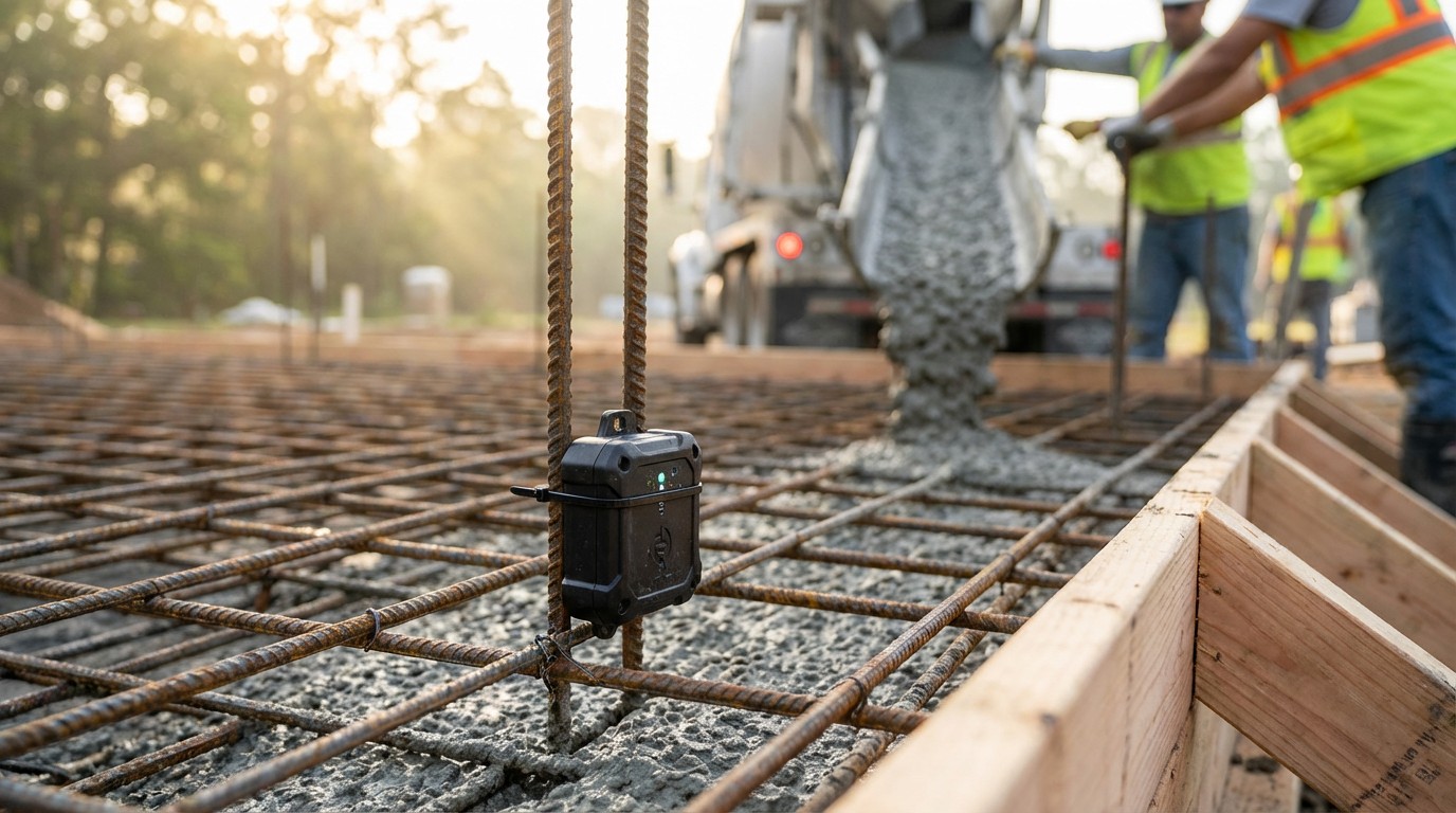 Smart wireless sensor embedded in fresh concrete on a residential foundation pour, with a smartphone showing real-time strength data