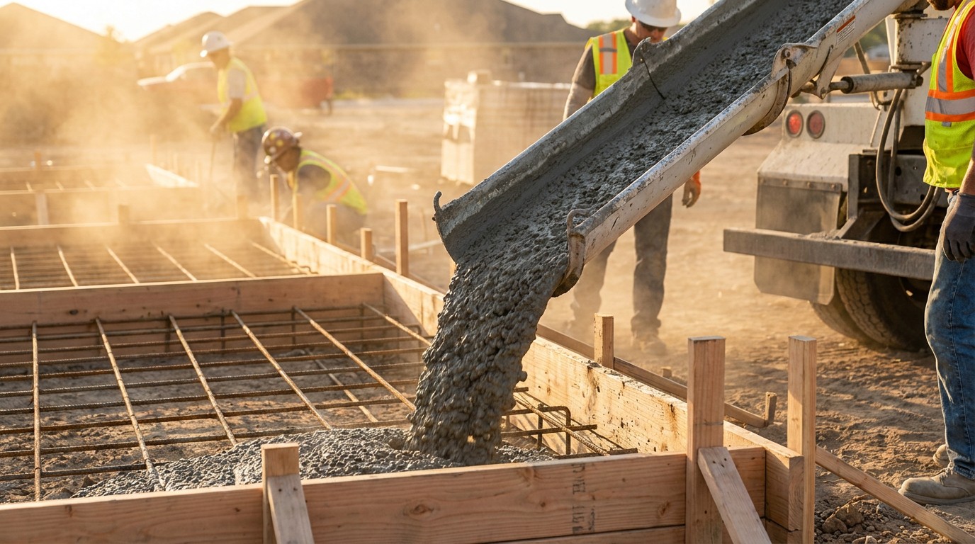 Close-up of wet concrete being poured into residential foundation forms on a sunny construction site, with rebar visible and a ready-mix truck in the background