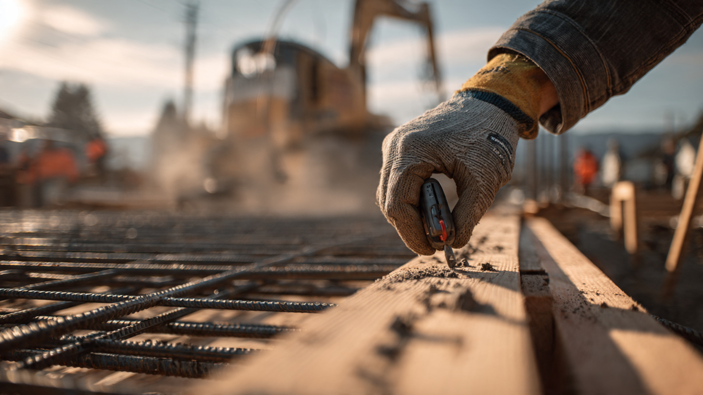 A wireless concrete sensor zip-tied to rebar inside a residential foundation form, a worker's phone showing a real-time strength curve in the background