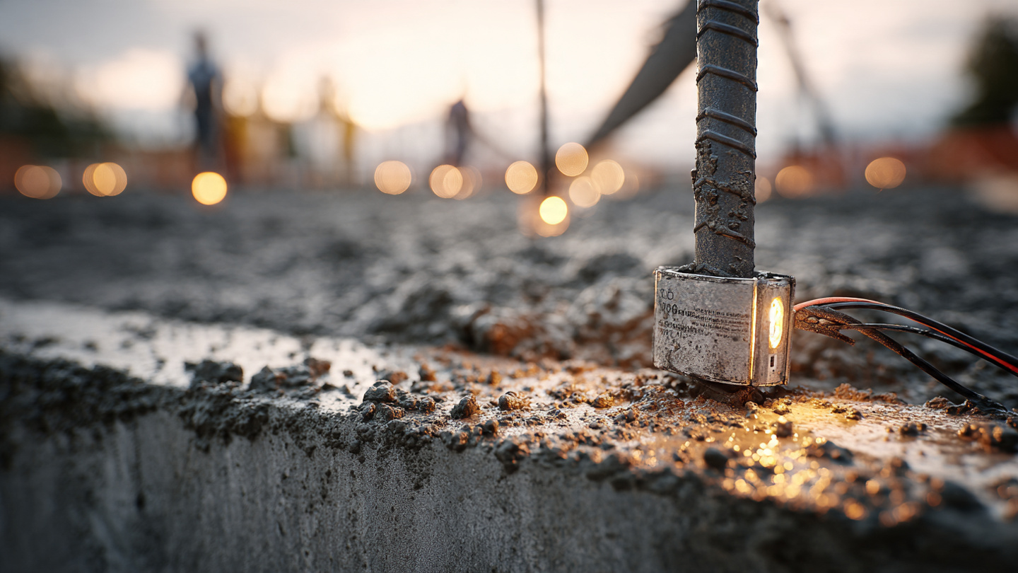 Electronic sensor attached to rebar in fresh concrete