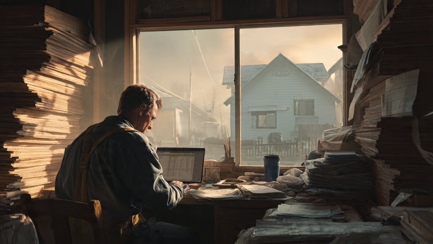 Builder reviewing construction draw documents at a job site trailer