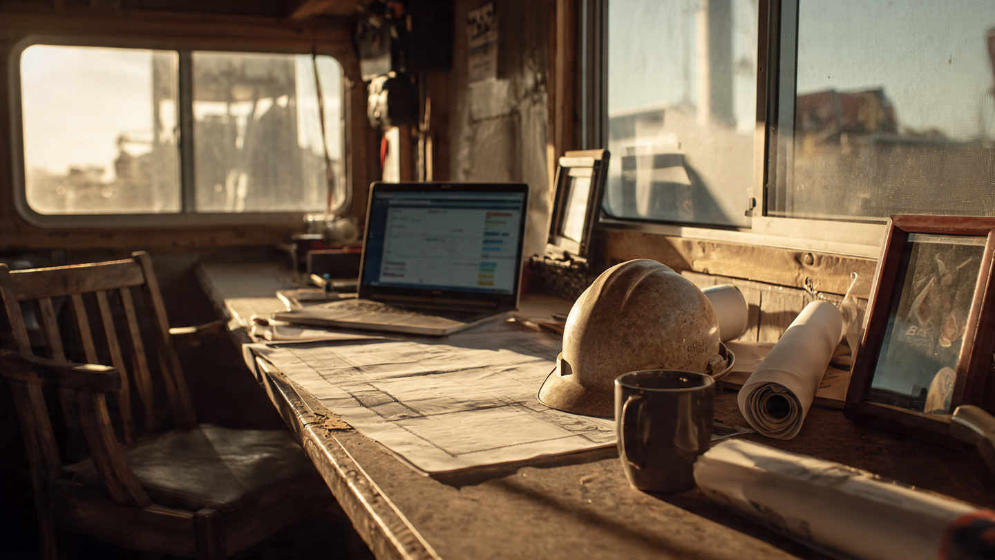 An empty superintendent's desk in a construction trailer, hard hat and rolled plans left behind, afternoon light through dusty windows, a laptop screen showing a Procore dashboard