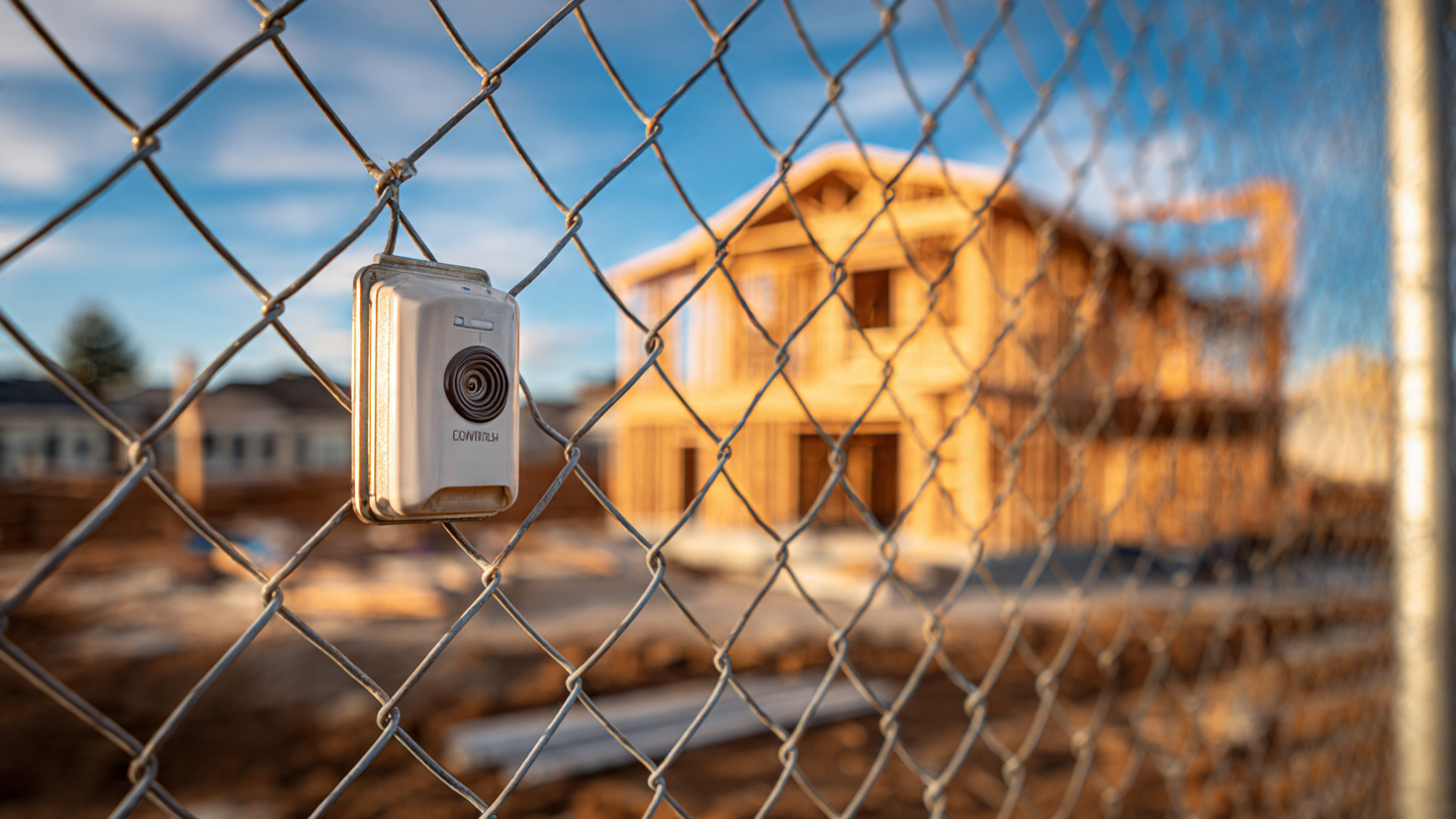 A compact noise monitoring device mounted on a construction site fence post, with an active residential jobsite and neighboring houses visible behind it