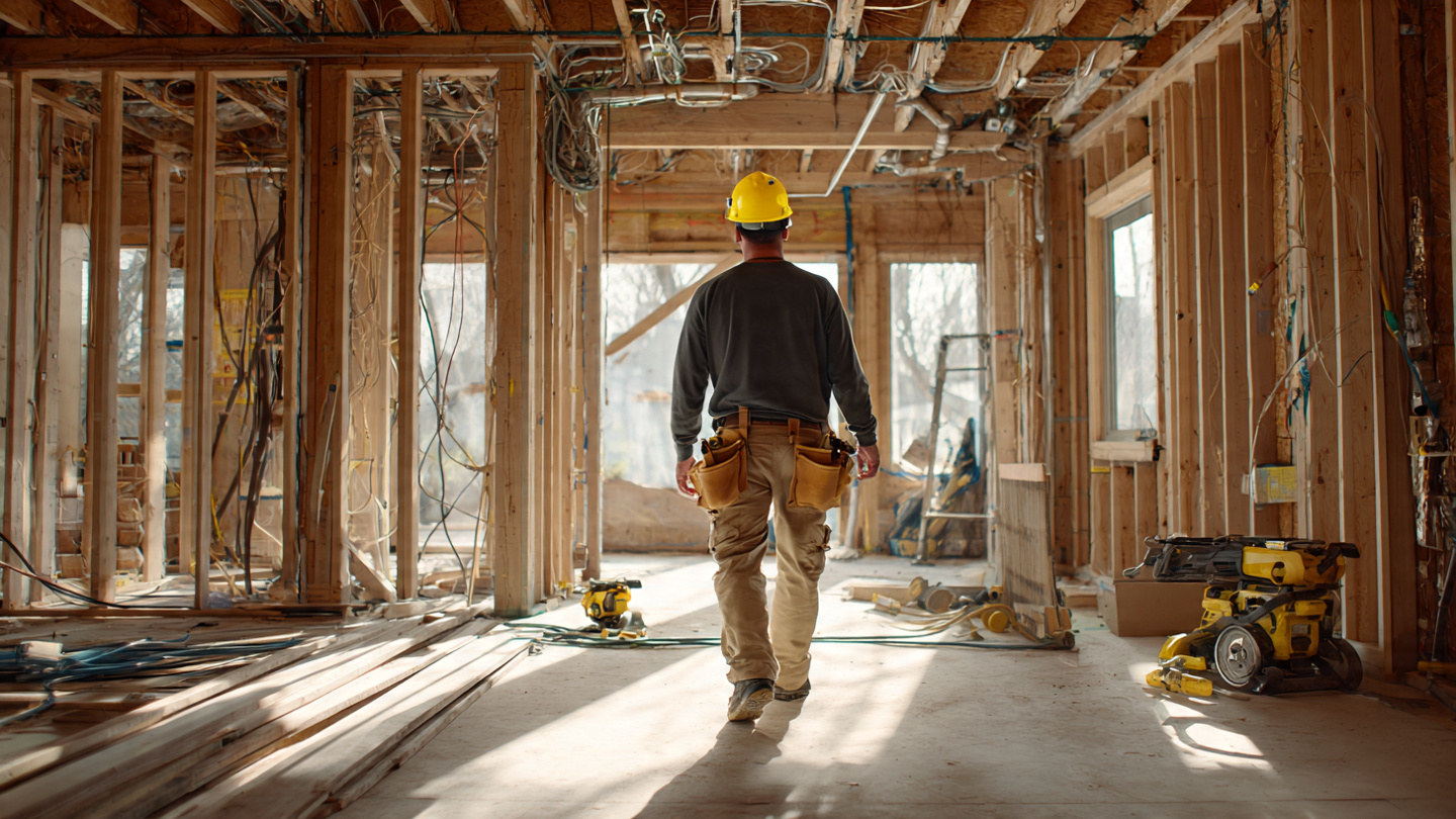 A construction worker with a 360-degree camera on their hardhat in an unfinished residential home
