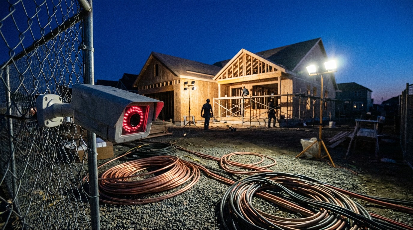 A solar-powered AI security camera on a pole overlooking a residential construction site at dusk, framed house in background with exposed copper wiring visible