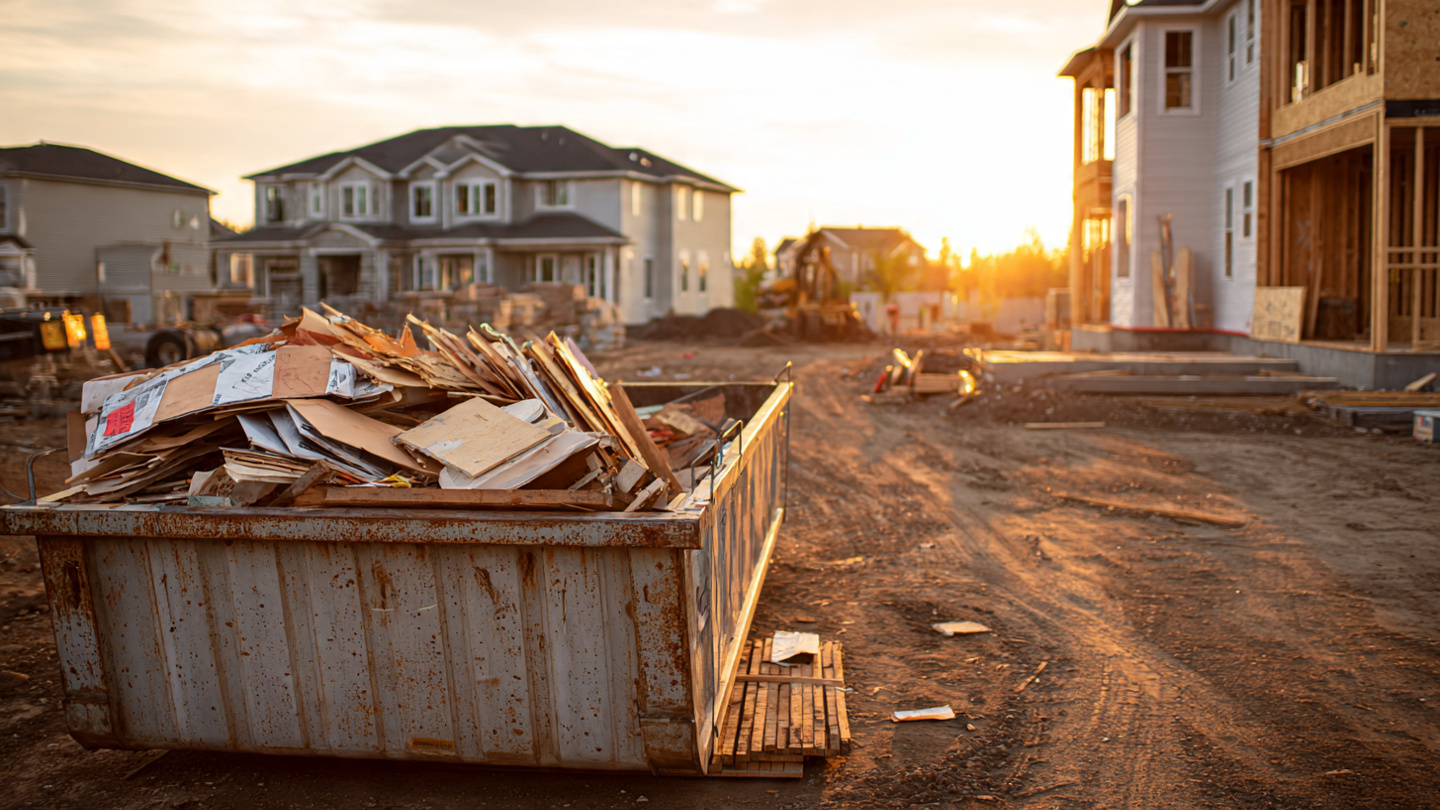 A rusty open-top construction dumpster at a residential job site overflowing with mixed lumber scraps, drywall pieces, and packaging, late afternoon light casting long shadows across a dirt lot beside a half-framed house