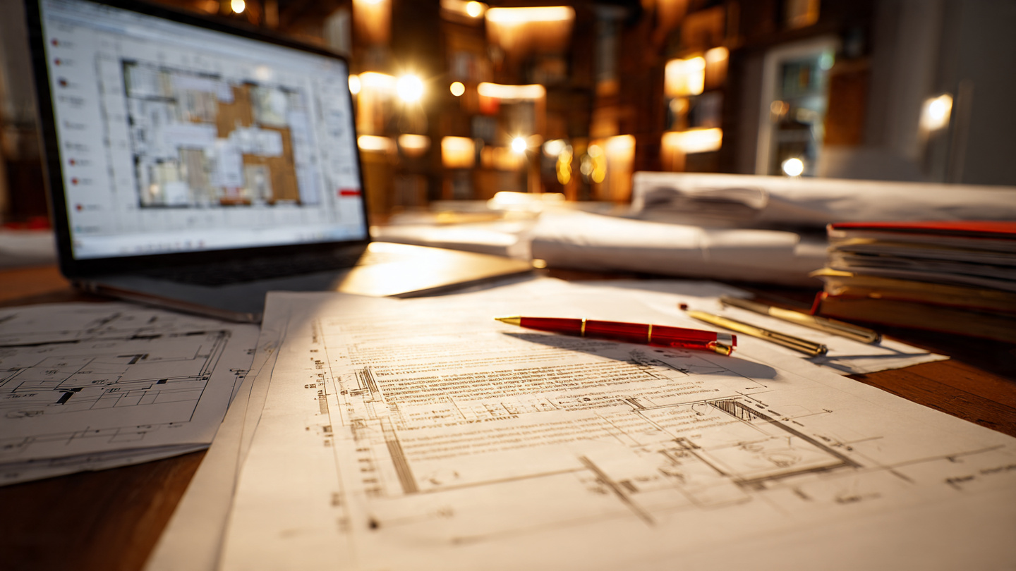 A thick construction contract open on a desk next to a laptop showing AI design software, with a red pen circling blank space where AI clauses should be