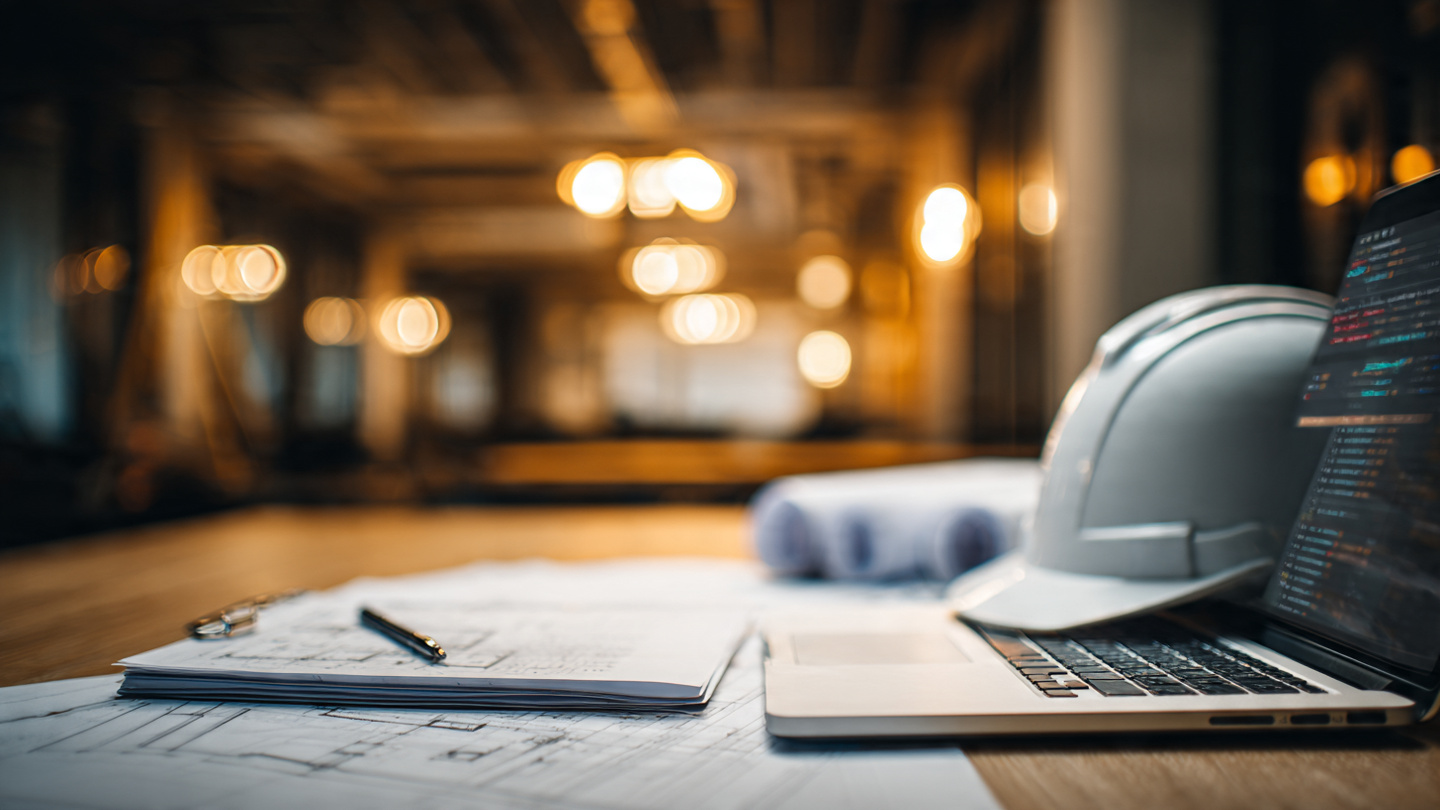 Construction contract with AI-highlighted clauses on a desk