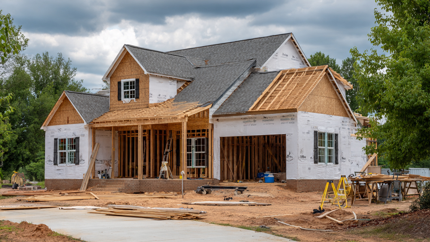 A partially framed residential construction site with no workers