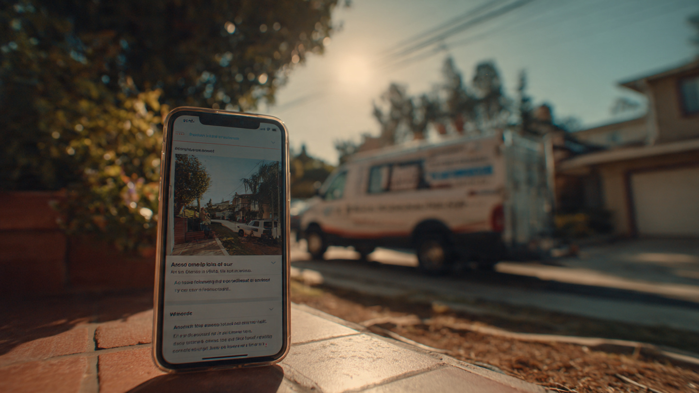 A smartphone screen showing an AI chat interface with a plumber recommendation, sitting on a kitchen counter next to a leaking pipe fitting, a stack of local business cards visible but ignored in the background
