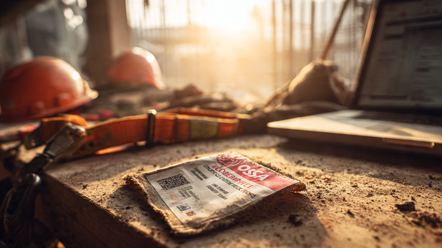A worn OSHA training card on a dusty construction workbench