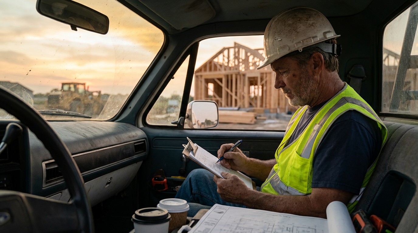 A residential construction superintendent writing on a clipboard in the cab of a pickup truck at dusk, job site visible through the windshield
