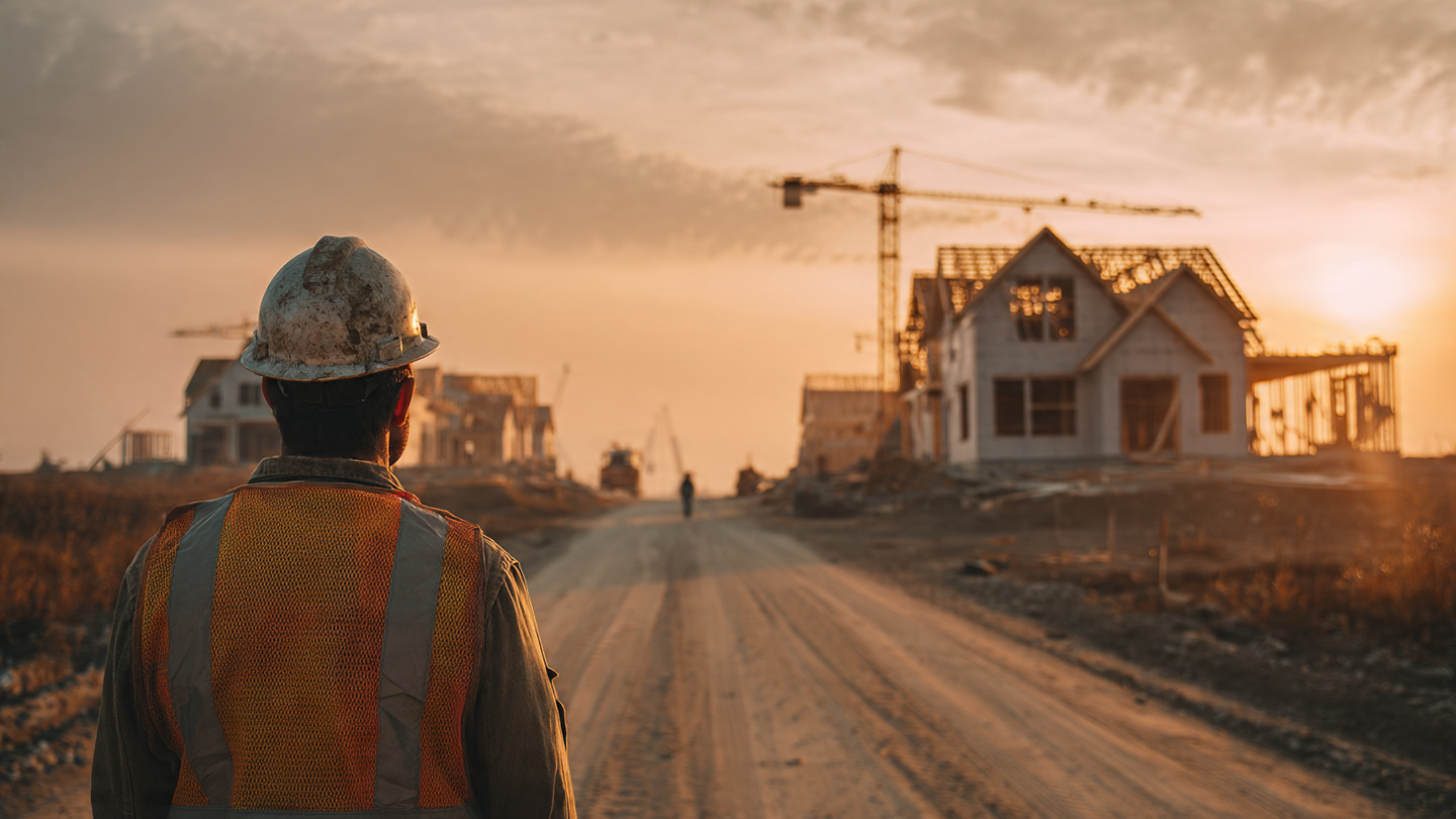 An electrician in a hard hat looking at two diverging paths: one toward a massive data center under construction, the other toward a half-framed residential house, warm afternoon light