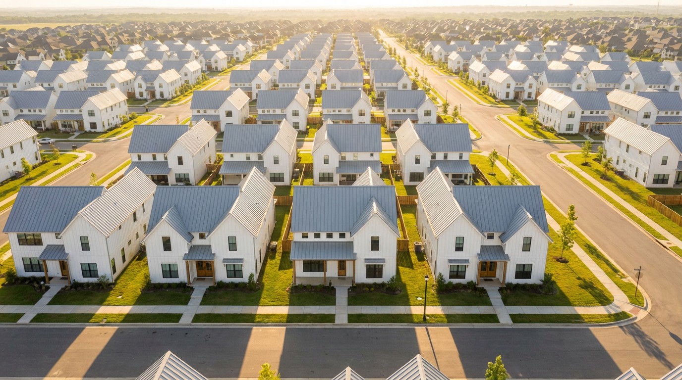 Aerial view of a suburban development where every house shares the same white-and-gray modern farmhouse aesthetic, identical rooflines fading into afternoon haze