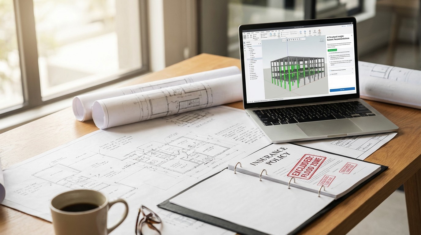 An architect's desk with blueprints, a laptop showing AI design software, and an insurance policy document with red exclusion stamps