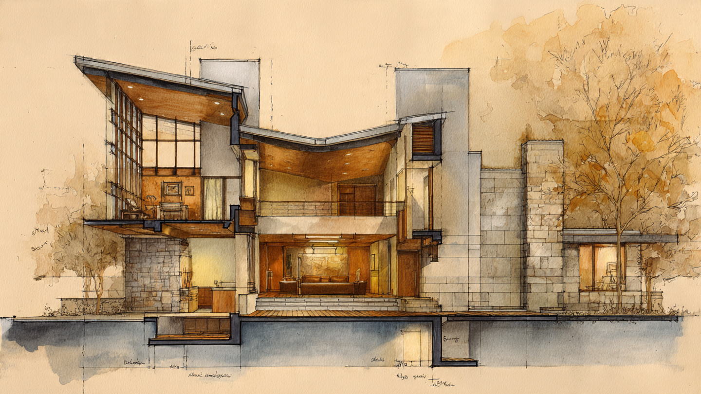 A dramatic architectural section drawing of a residential home showing varied ceiling heights, with sunlight pouring through a double-height living space while a lower hallway creates compression before the release