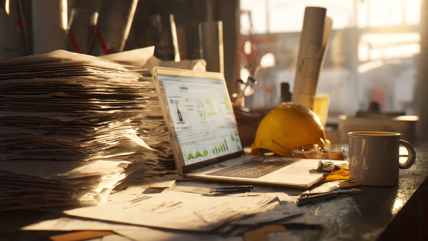 A construction office desk covered with stacks of invoices, lien waivers, and inspection reports, with a laptop showing an AI interface processing documents, a hard hat and blueprint rolls nearby
