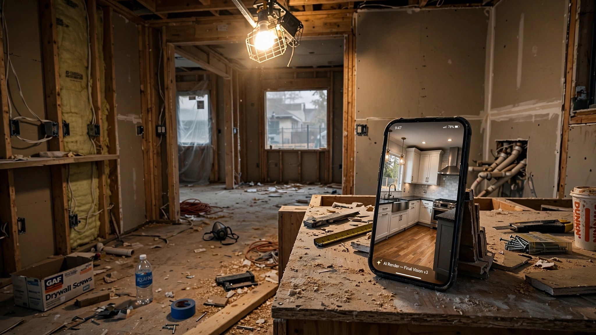 A half-finished residential kitchen with bare drywall, a smartphone propped on the counter showing a photorealistic AI-generated image of the same kitchen fully completed with granite countertops and hardwood floors