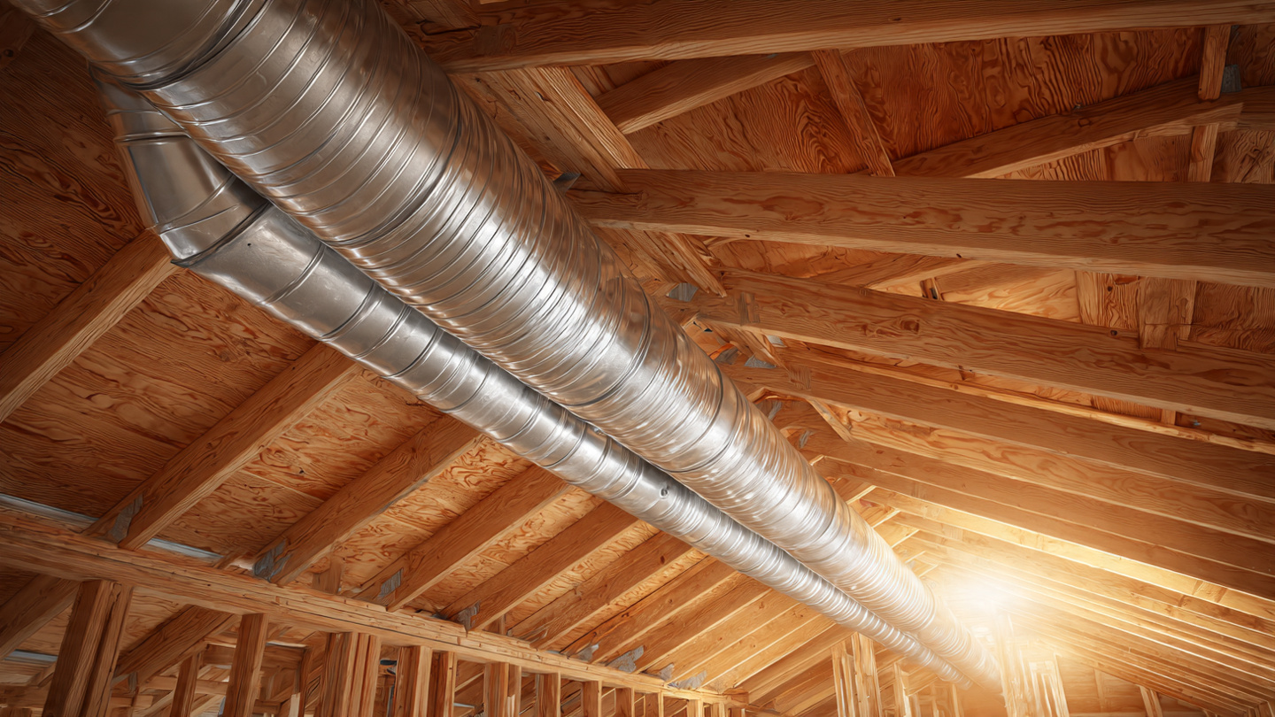 Exposed HVAC ductwork in residential attic