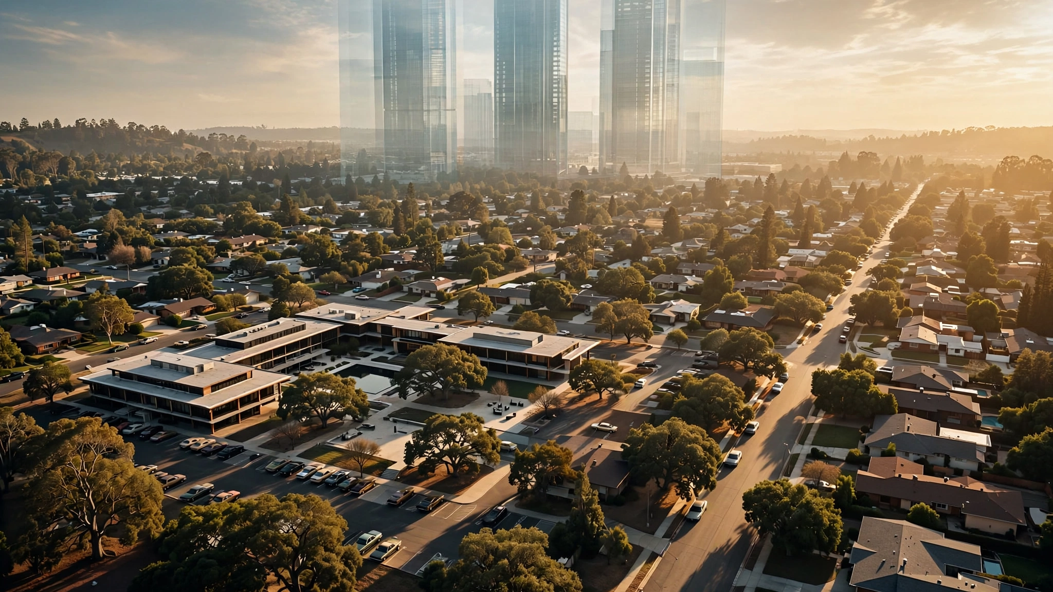 Aerial view of a low-slung suburban office campus surrounded by mature trees and single-story homes, with ghostly translucent skyscraper towers superimposed above the neighborhood