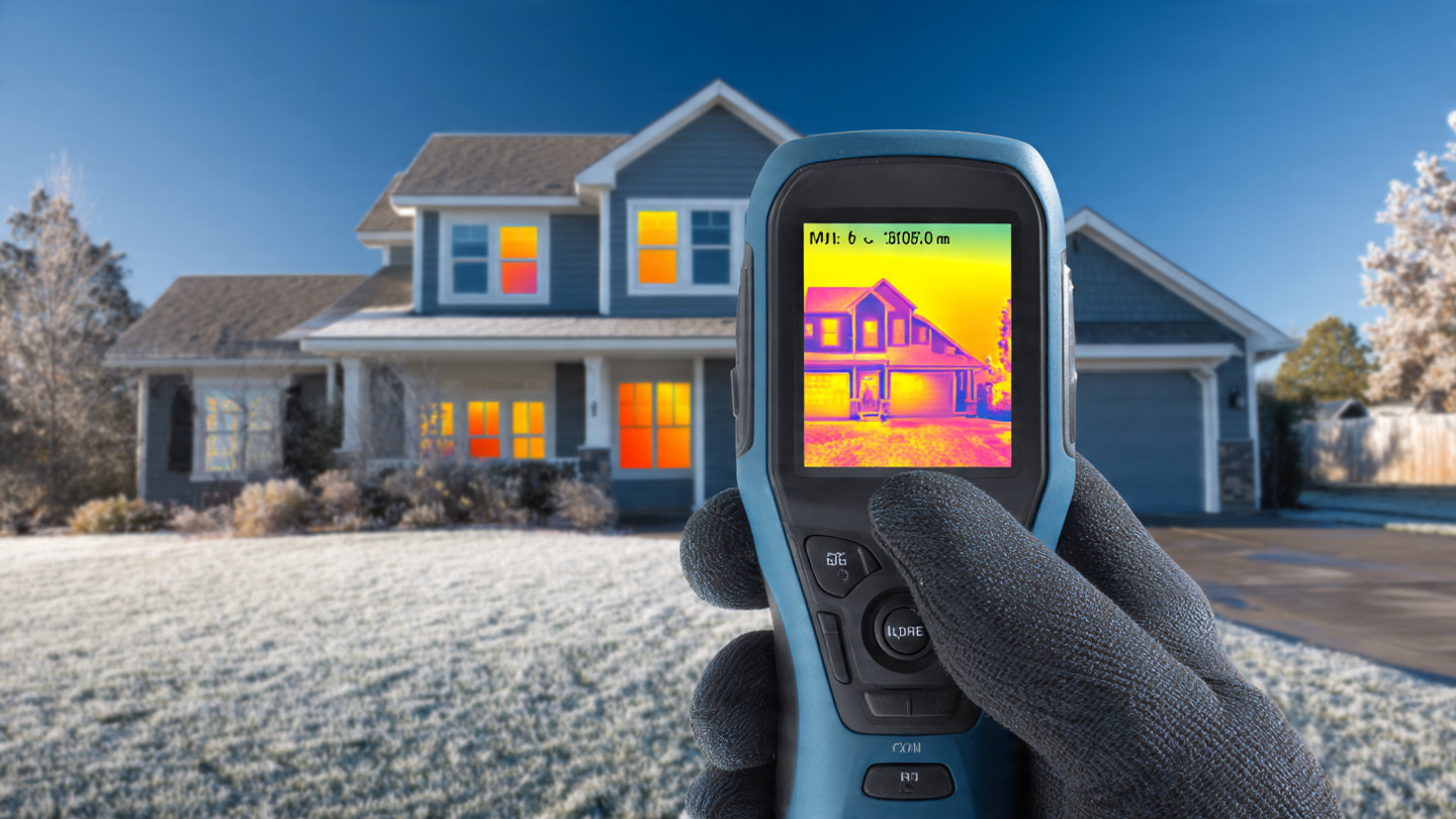 A thermal imaging camera display showing a house facade in shades of blue and orange, with visible heat loss around windows and a roofline, held by a gloved hand on a cold morning