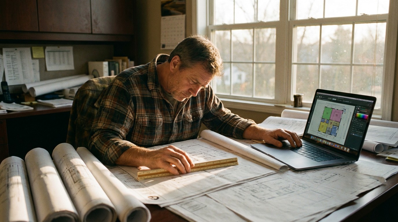 Construction estimator at a desk with blueprints spread out, laptop showing AI takeoff software beside traditional scale ruler