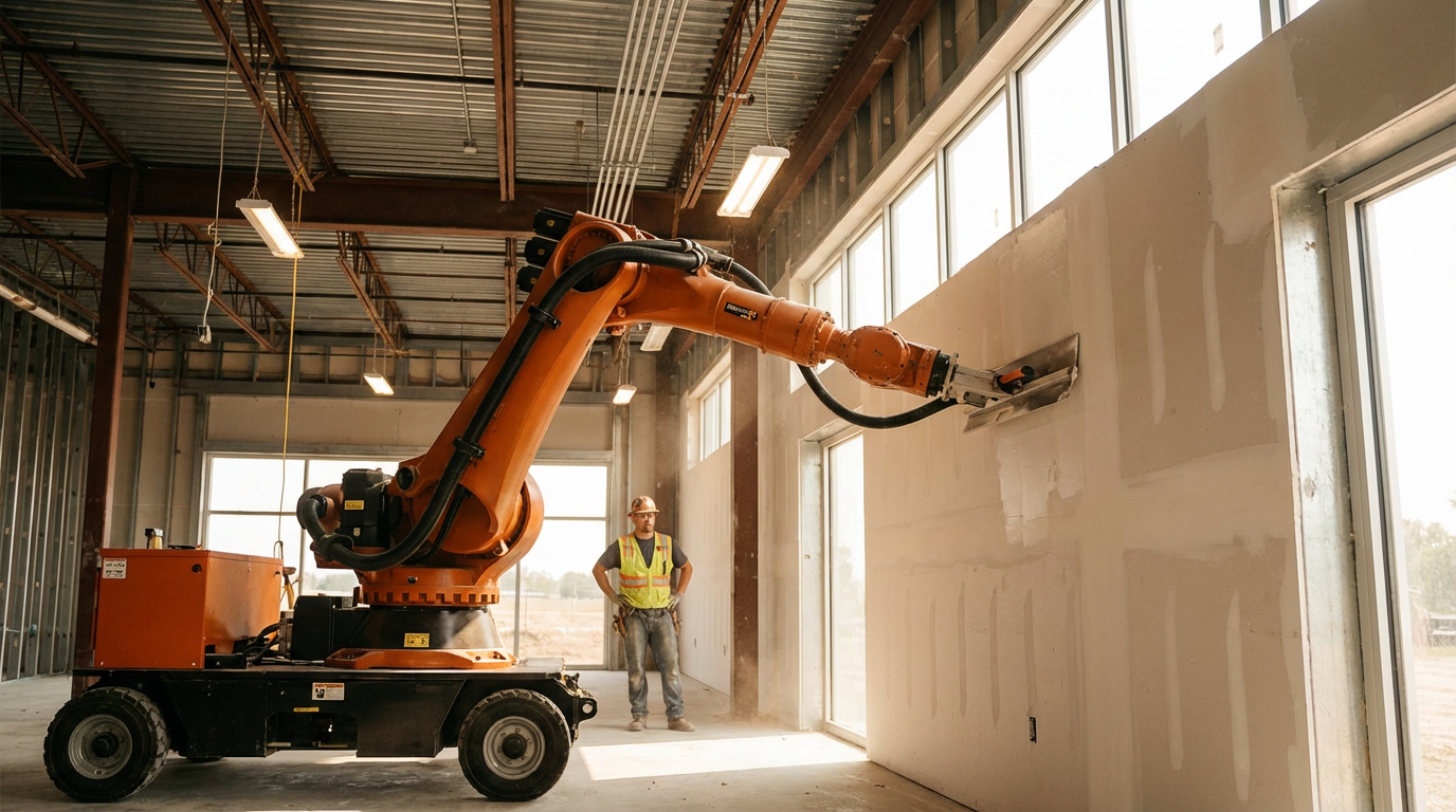 AI-powered robotic arm finishing drywall on a construction site