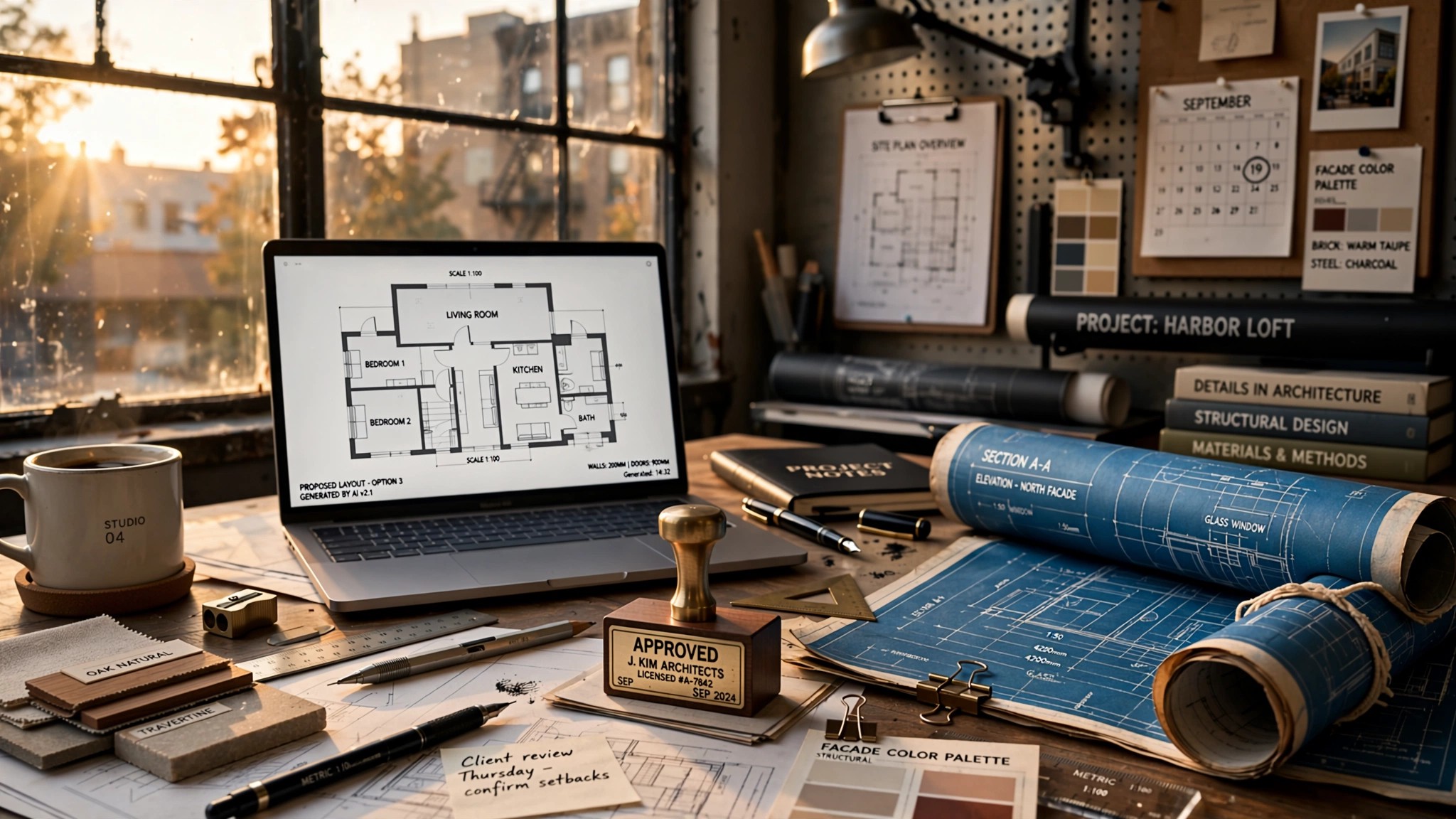 An architect's desk with a laptop displaying an AI-generated floor plan alongside traditional blueprints, a professional stamp resting between them, afternoon light through large studio windows