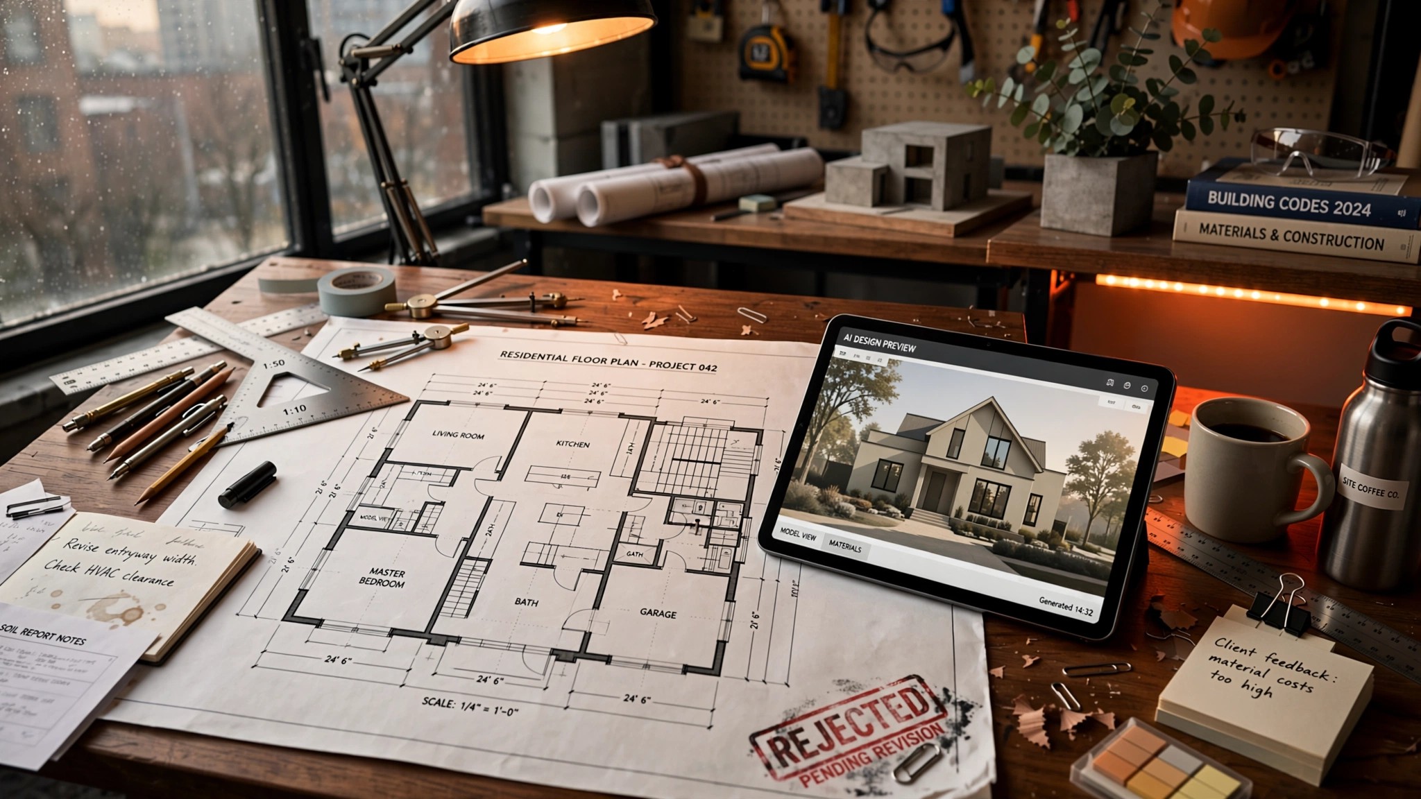 Architectural floor plan overlaid with digital interface elements on a drafting table