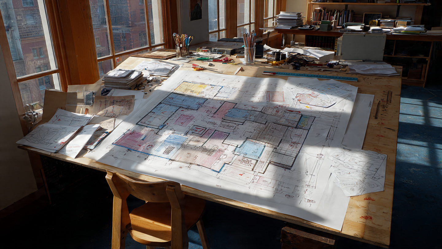 An architect's drafting table covered in scattered AI-generated floor plan printouts, morning sunlight streaming through a large east-facing window casting diagonal shadows across the paper, a hand-drawn sketch with red annotations visible underneath the pile
