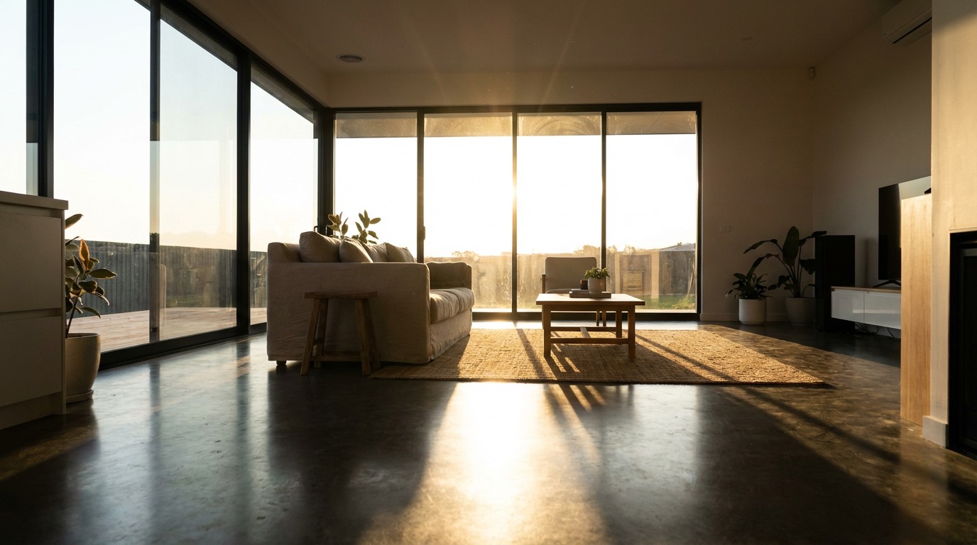 Sunlight streaming through a south-facing window wall in a modern residential living room, casting long geometric shadows across the floor