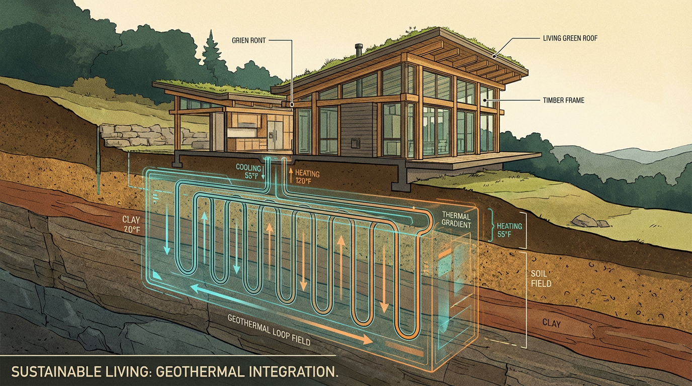Cross-section illustration of a home with AI-optimized geothermal loop field beneath the foundation