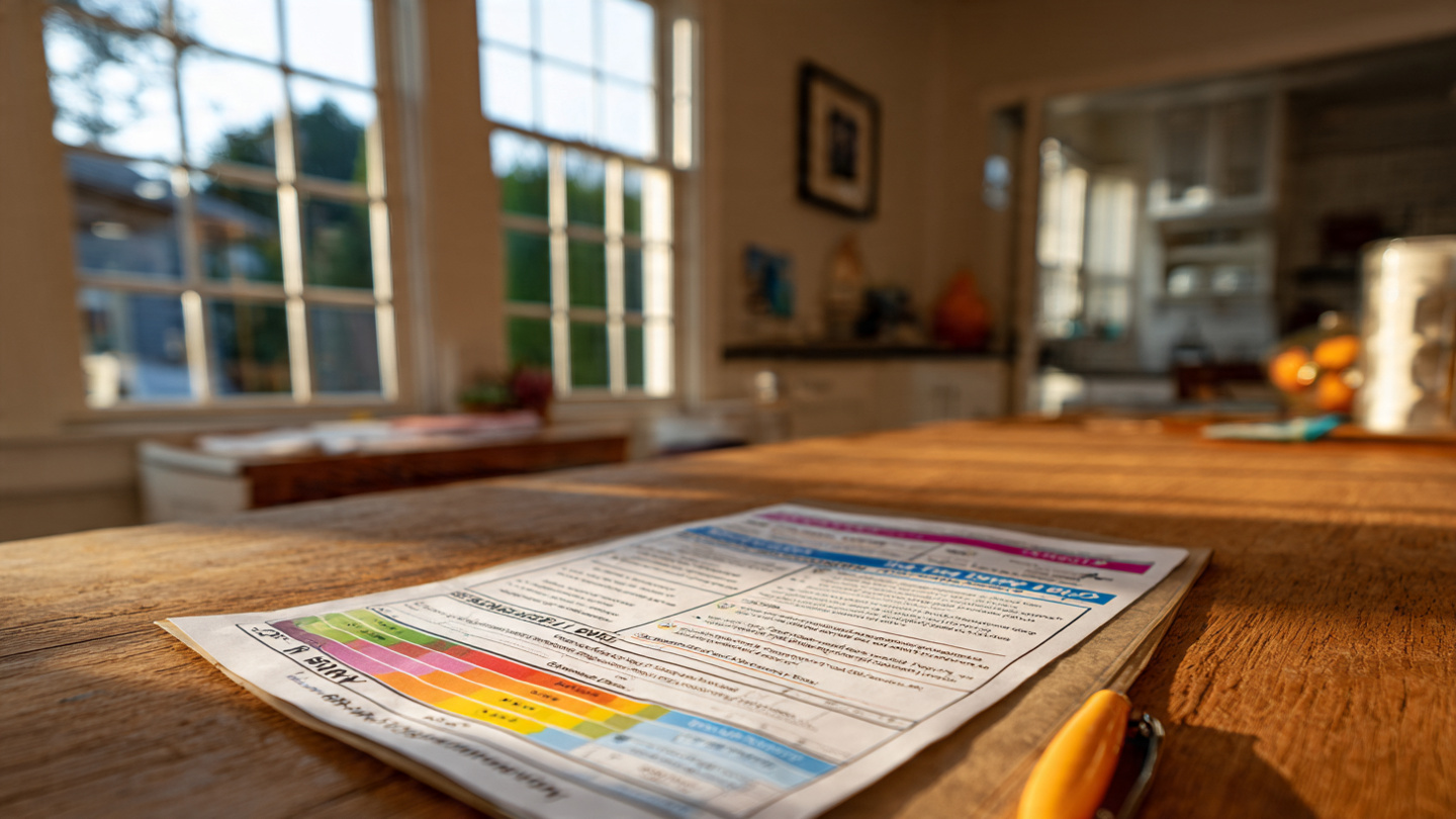A real estate listing printout on a kitchen counter showing an energy score label, warm afternoon light through double-pane windows
