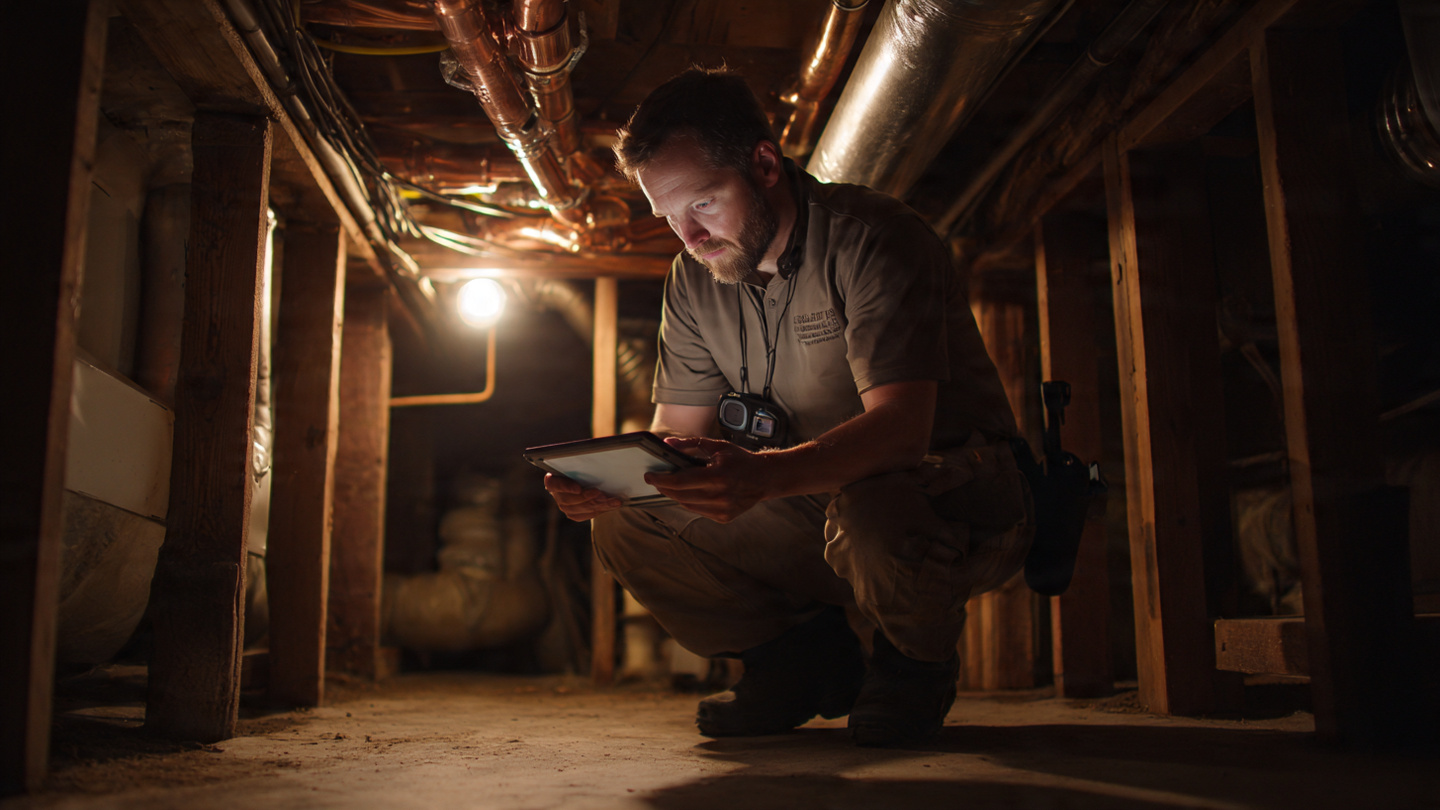 Home inspector using a tablet in a dim crawlspace, flashlight illuminating pipes while a thermal camera hangs unused from a strap