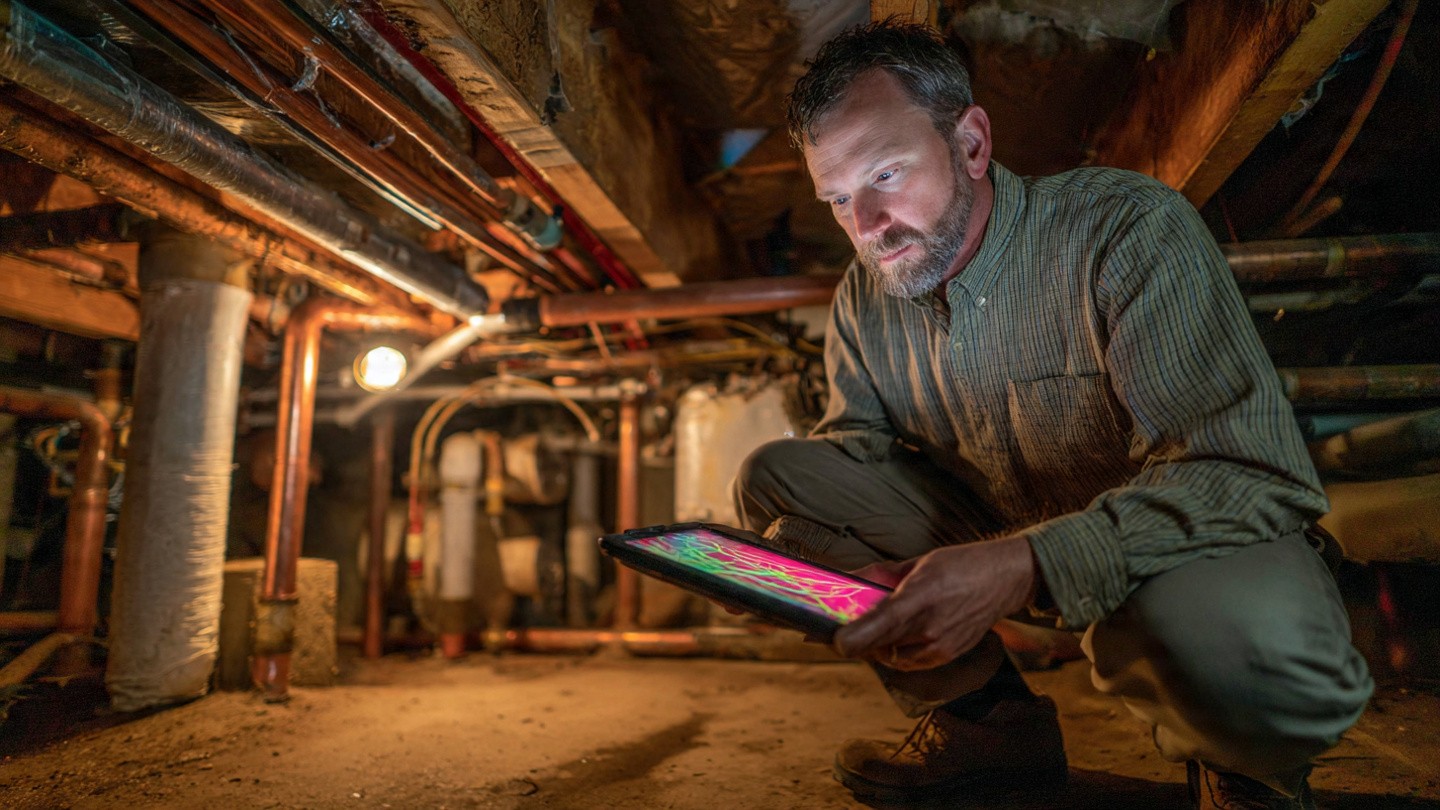 A home inspector kneeling in a crawl space holding a tablet with thermal imaging overlays, surrounded by pipes and foundation walls