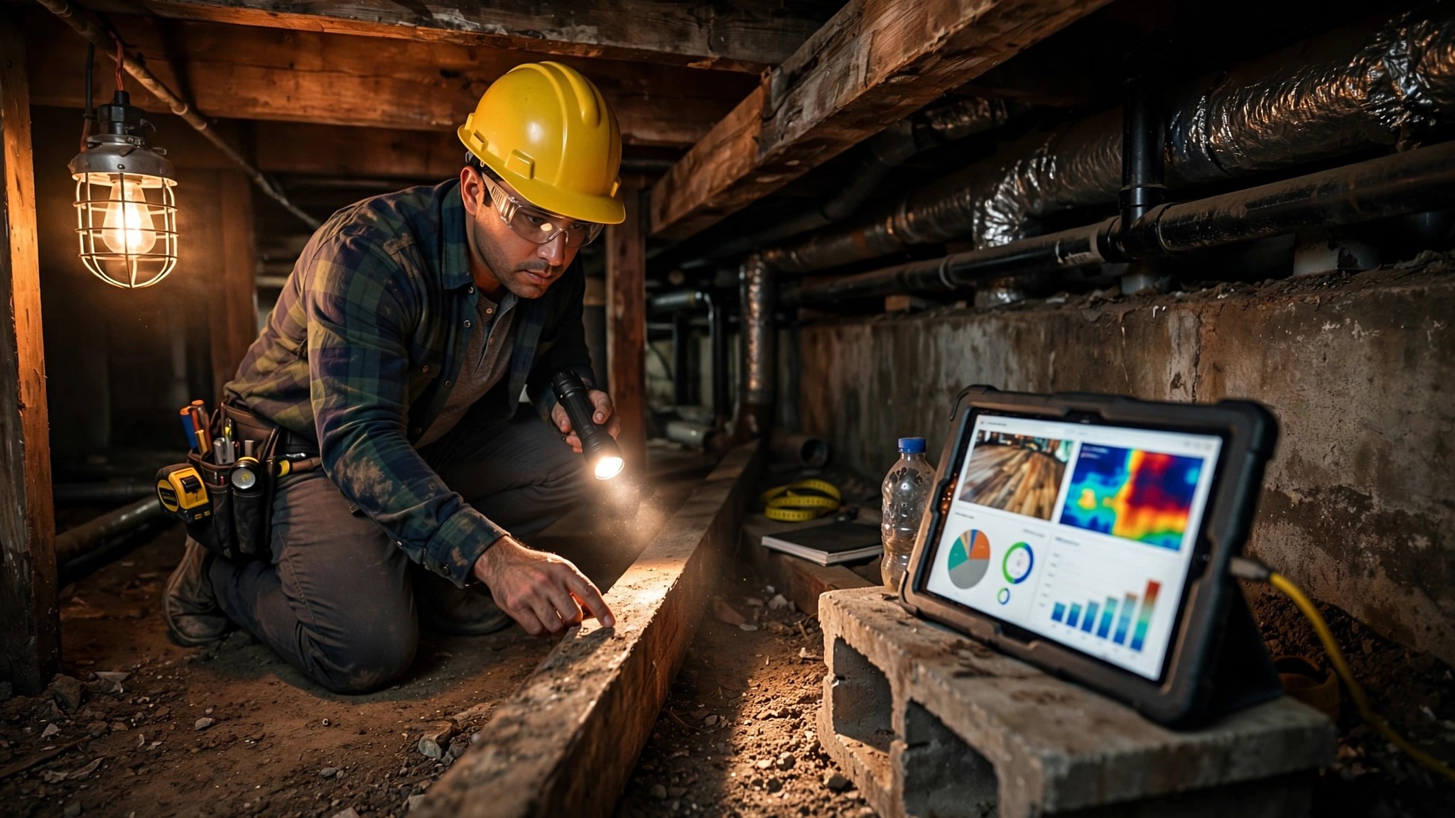 A home inspector examining floor joists in a crawl space with a flashlight, a tablet with an AI inspection report visible behind him