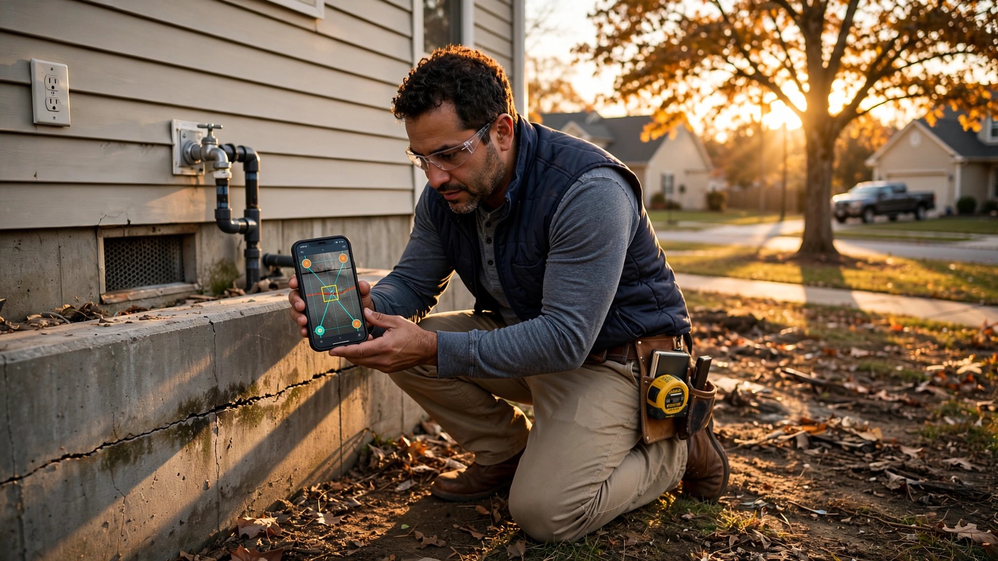 A home inspector holding a smartphone with an AI defect detection overlay highlighting a foundation crack, warm afternoon light on a residential exterior