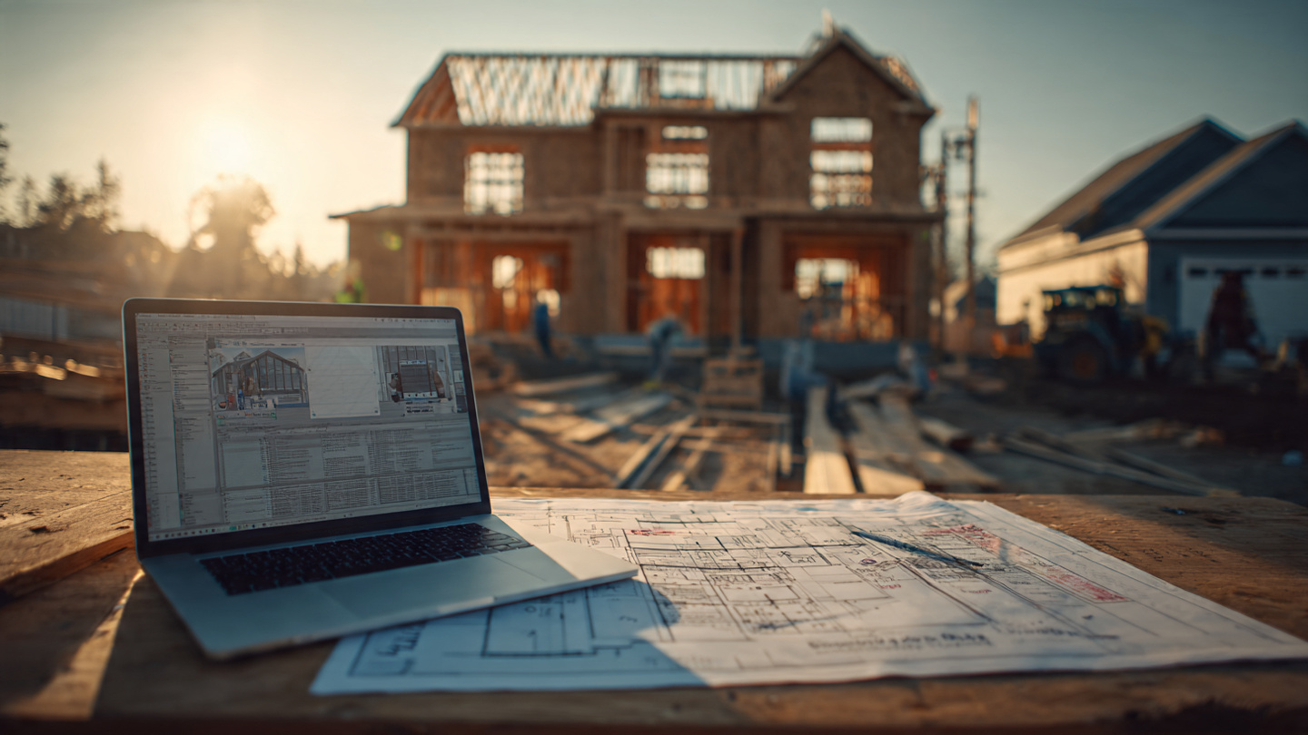 Construction blueprints and insurance documents on a job site table, with a laptop showing AI design software in the background
